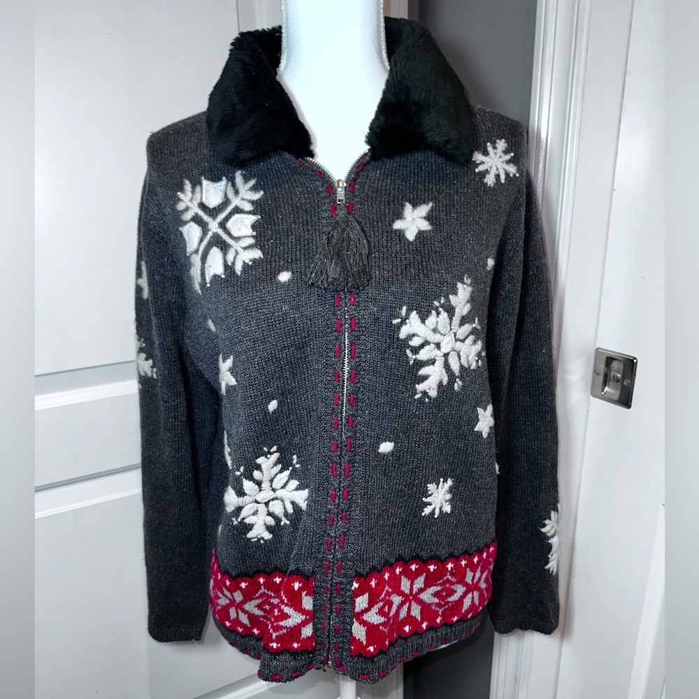 Ugly Christmas Sweater Fashion Bug Snowflake Knit Zip Faux Fur Collar XL